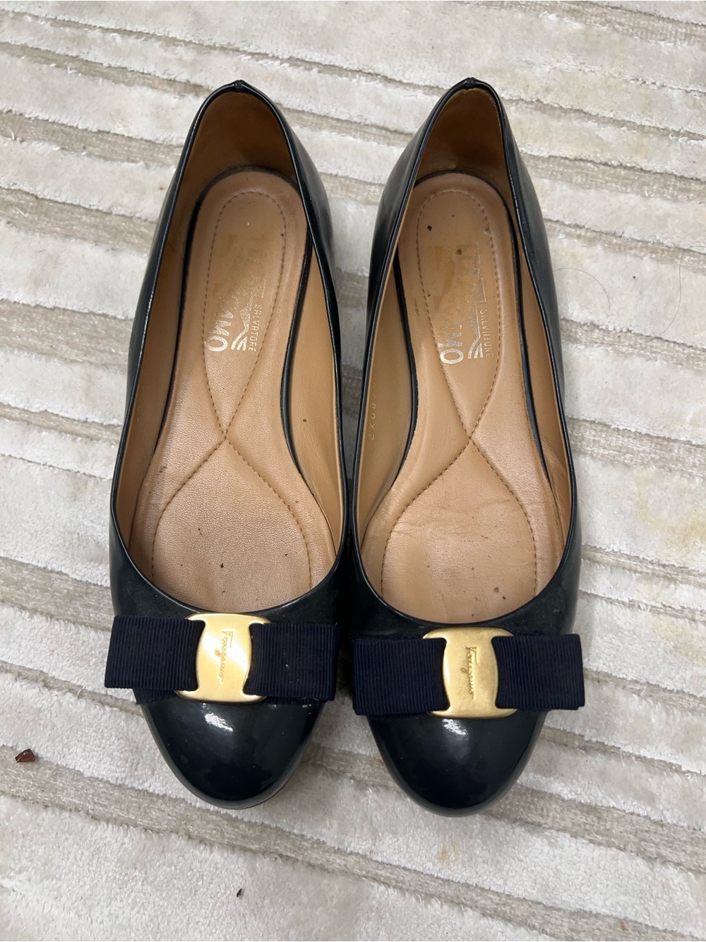 Salvatore Ferragamo  Patent Leather Bow Ballet Flats with Gold Plaque